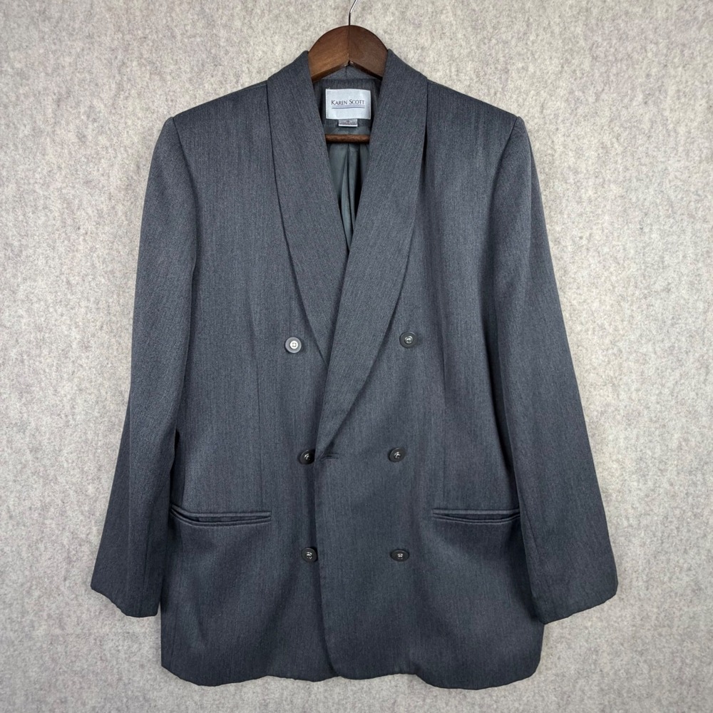 Karen Scott VTG Blazer Jacket Womens 16 Gray Double Breasted Shawl Collar USA